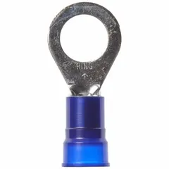 Nylon-insulated ring terminal rated for 1000 V. Accepts 6 AWG wire and fits a 1/2 in stud. Used for secure electrical connections in control panels, machinery, and power distribution.