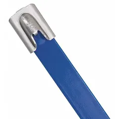 Coated 316 stainless steel cable tie with ball lock locking style. Nominal length 14 1/2 in, maximum bundle diameter 4 in, width 0.31 in. Blue color. Supplied in pack of 50. Used for bundling and securing cables in indoor and outdoor environments.