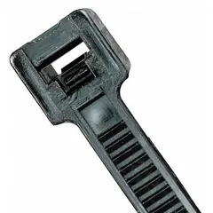 Black nylon cable ties for bundling and securing wires, cables, and hoses. Each tie has a 6-inch length, 0.14-inch width, and a 1-1/2-inch maximum bundle diameter. Suitable for outdoor use. Supplied in a pack of 100.
