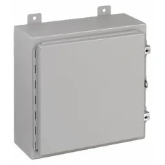 This WIEGMANN steel enclosure measures 30 x 30 x 8 inches and is rated NEMA 12/13 for protection against dust, dirt, and non-corrosive liquids. It features a solid hinged cover secured with clamp closure. Knockouts are not included. Suitable for housing electrical controls and instruments in industrial environments.