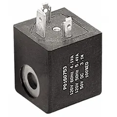 Plug-in solenoid coil with DIN 43650 Form A connector, rated 120V 60Hz, IP65 protection. Operating temperature range 14°F to 120°F. Used to actuate Parker inline air control valves in pneumatic systems for directional flow control.