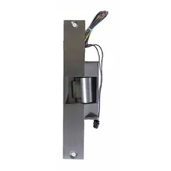This electric strike accommodates both cylindrical and mortise locksets in a single unit. Constructed of stainless steel, it measures 9 inches in height and is rated for heavy-duty use. Operates on 24V input voltage, releasing the latch when energized for access control.