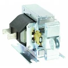 Intermittent-duty solenoid with 120V AC coil, stroke range 1/4 in to 1 in, pull force 64.0 to 160.0 oz. Dimensions: 2 1/16 in deep, 2 1/2 in long, 1 13/16 in wide. Designed for laundry equipment applications requiring controlled linear actuation.