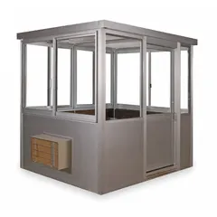 This assembled aluminum guard building measures 8 ft x 6 ft x 8 ft and includes an integrated air conditioning unit and five windows. It is suitable for use as a security checkpoint, toll booth, or industrial gatehouse in environments requiring 24/7 manned operation.