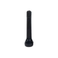 Snap-in L-shape tire valve stem with a 180° valve stem angle, designed for automobile wheels where a straight valve is impractical. Constructed from black rubber with a standard bore valve size and 0.305-32 thread. Suitable for inflation and pressure checks on passenger vehicles