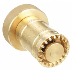 Brass fire hose nozzle with rigid base and NST threads. Activates by twist for constant-pressure (automatic) operation, delivering a solid stream. Maintains consistent flow rate despite inlet pressure changes, suitable for fire suppression applications.