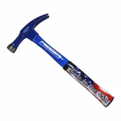 Steel straight-claw hammer with 18 oz head weight, 1 in face diameter, and 14 in overall length. Features a textured grip and fiberglass handle for reduced vibration. Suitable for driving and pulling nails in framing, construction, and general maintenance tasks.