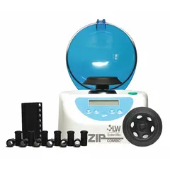 This benchtop micro-centrifuge accommodates 6 x 1.5 mL or 6 x 2 mL tubes and features a fixed-angle rotor. It is programmable with variable speed control and a digital display. Operates on 100/240 V. Suitable for microfiltration of HPLC samples in laboratory settings.