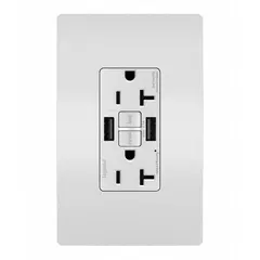 This weather-resistant duplex receptacle combines two 5-20R outlets (125V AC, 20 A) with two USB Type A charging ports. It includes GFCI protection and is suited for outdoor or damp locations where power and device charging are needed.