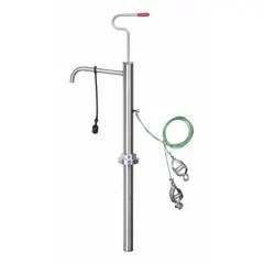 This Dayton down-stroke drum pump features a 316 stainless steel housing and suction tube with PTFE seals. It delivers 7 oz per stroke and includes a spout for controlled dispensing. Typical applications include transferring fluids from drums or barrels in industrial, chemical, and food-processing environments.