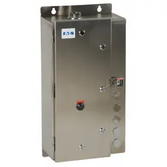 Enclosed non-reversing motor starter with electronic overloads, NEMA Size 1, 27 A, 3 poles, 480V AC coil. Includes 1NO/1NC auxiliary contacts and pilot light. Suitable for controlling three-phase motors in applications such as conveyors, pumps, and fans.