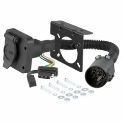 Plastic electrical plug for connecting trailer and tow vehicle lighting and brake systems. Features a 4-way/6-way configuration and includes a dust cover for protection. Suitable for fleet and vehicle maintenance applications.