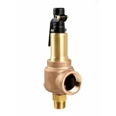This bronze steam pressure relief valve features a 1/2 in MNPT inlet and 3/4 in FNPT outlet. It is ASME Section VIII certified for overpressure protection in steam systems, with a maximum operating pressure of 364 psi. The valve automatically vents excess steam and reseats to maintain system safety.