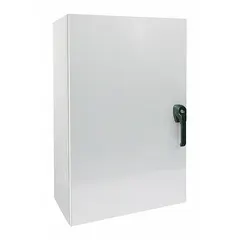 This WIEGMANN steel enclosure measures 20 x 20 x 8 inches and is rated NEMA 12/13/3R/4 for protection against dust, falling dirt, rain, and hose-directed water. It features a solid hinged cover with a keyed handle closure and a painted finish. Knockouts are not included. Typical applications include housing electrical controls, drives, and instruments in industrial washdown environments.