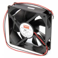 Square axial fan with polybutylene terephthalate blade and housing. Operates on 24V DC. Measures 3 5/8 inches in height by 1 inch in depth. Terminated with lead wires. Rated IP20. Suitable for cooling and ventilation in compact electronic enclosures, control panels, and small equipment.
