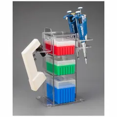 Clear PETG lab organizer designed for benchtop mounting. Features three compartments for storing pipette tips. Overall dimensions: 6 3/4 in width, 12 1/4 in height. Suitable for organizing tips in laboratory settings.