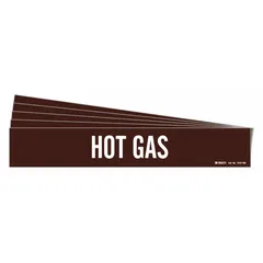 Brown pipe markers with white legend text reading 'Hot Gas'. Each pack contains 5 markers without directional arrows, designed for pipe outer diameters of 8 inches and larger. Used to identify piping carrying hot gas in industrial facilities, supporting safety and compliance with pipe-marking standards.