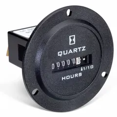 Analog hour meter with round bezel and flange mounting for front panel installation. Operates on 10 V DC to 80 V DC, tracks elapsed time in tenth-hour increments. NEMA 4 enclosure rating and RoHS compliant. Suitable for monitoring runtime on industrial machinery, generators, and pumps.