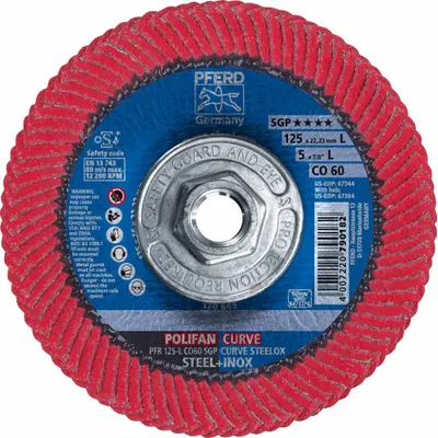 PFERD Flap Disc: Radial, 5" x 5/8"-11, Ceramic, 60 Grit, Fiberglass Bk, High Density - Cool-Cutting Flap Discs for Carbon & Stainless Steel