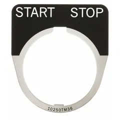 Half-round push-button ring/plate for Series 10250T, with 1 5/8 in overall width. Constructed of black metallic aluminum with white 'Start-Stop' legend. Used to label push-button stations in industrial control panels.