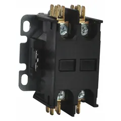 This single-phase definite purpose contactor is designed for HVACR applications such as switching compressors, fan motors, and condenser coils. It features a 2NO main pole contact form, 24V AC coil for low-voltage control, and screw terminals. Through-panel mounting allows secure installation in equipment panels.