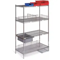 This mobile wire shelving unit is designed for dry storage environments. It features a zinc-plated steel frame with four shelves and two rigid casters with rubber wheels for easy repositioning. Suitable for organizing parts, tools, and supplies in industrial facilities, warehouses, and workshops