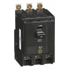 Three-pole bolt-on miniature circuit breaker rated 80 A at 120/240V AC, with a maximum interrupting rating of 22kA at 120/240V AC. Designed for overcurrent protection in three-phase commercial and industrial power distribution systems. Mounts in Square D NQOD panelboards.