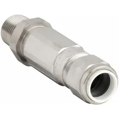 Straight metallic cable grip with silver brass body and 1/2 in MNPT box connection. Accommodates cord diameters from 0.12 in to 0.34 in. Rated for hazardous locations Class I, Division 2, Groups A, B, C, D. IP66 rated for dust and water ingress protection. Suitable for securing and sealing cables in industrial environments where explosive gases or vapors may be present.