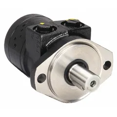Hydraulic motor with SAE A 2-bolt mounting, 2.2 cu in/rev displacement, 932 RPM maximum speed, and 1800 psi rated pressure. Features 7/8"-14 SAE ports. Converts hydraulic pressure into rotary mechanical power for applications such as conveyors, mixers, and winches.