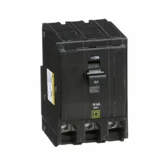 Three-phase plug-in miniature circuit breaker rated 90 A, 120/240V AC, with a maximum interrupting rating of 10kA at 120/240V AC. Designed for use in QO Load Centers and NQ Panelboards to protect branch circuits against overloads and short circuits.