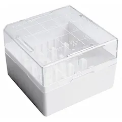 This WHEATON freezer box is constructed of resin for resistance to low temperatures. It measures 130 mm in overall length and 130 mm in overall width. Designed for organizing and protecting sample vials, tubes, or cryogenic storage items in laboratory freezers.