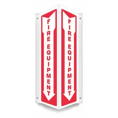 V-shape projection sign for marking fire equipment locations. Nominal size 18 in x 7 1/2 in, 0.06 in thick PETG. Mounting holes for installation. Not retroreflective, does not glow in the dark, no anti-slip surface.