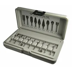 This 9-piece set of single-cut carbide burs features a 1/4" head diameter and 1/8" shank, identified by trade number SG-51. Designed for deburring, shaping, and finishing metal and other hard materials in industrial machining and fabrication applications.