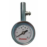 Analog tire pressure gauge with a plastic body. Measures pressure in 1 psi increments for monitoring tire inflation in vehicles, trailers, and equipment