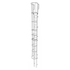 Steel fixed ladder with safety cage for vertical access. 29 rungs, 18 in overall width. Used for industrial maintenance, tank climbing, and rooftop entry where fall protection is required.
