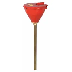 This self-closing drum funnel is constructed of galvanized steel with a red finish. It features a 32-inch flame arrester and measures 10 3/4 inches by 42 inches, with 2-inch NPS/NPT connections. The funnel is designed for use with standard drums, providing a safe means for transferring liquids.