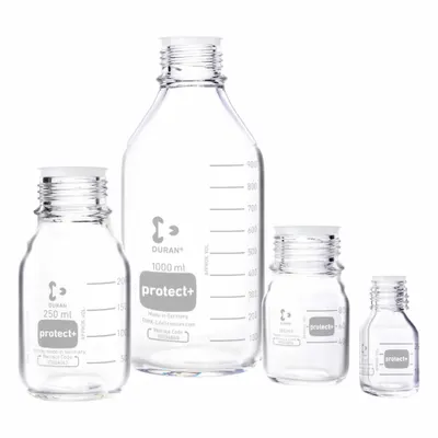 DURAN Laboratory Bottle: 5 L, Closure Material: HDPE – Closure Liner Material: Unlined Cap - Safety Coated Wide Mouth Round Glass Lab Bottles