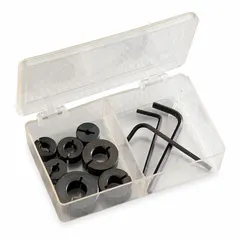 This collar set attaches to drill bits to control drilling depth, preventing over-drilling. Suitable for applications requiring consistent hole depth, such as metalworking, woodworking, and general fabrication.