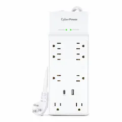 General purpose surge protector with 8 outlets and a 6 ft power cord. Rated for 2400 J energy absorption and 15 A current. Complies with UL 1449 standards. Keyhole mounting style allows secure attachment to walls or work surfaces. Suitable for protecting electronic equipment in office, home, or light industrial environments.