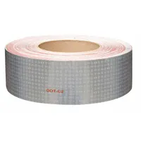 White reflective tape with acrylic adhesive, 2 inches wide and 50 yards long. Used for marking construction vehicles, emergency vehicles, trucks, and trailers to improve nighttime visibility and safety