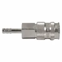 This brass quick-connect air coupling body features a 1/4 in male hose barb fitting and ball locking type. Designed for industrial interchange systems, it is used to connect pneumatic tools and hoses in compressed air applications such as plant maintenance and assembly lines