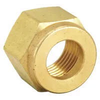 This brass compression fitting nut is part of the PARKER A-Lok(R) series, designed for use with double-ferrule compression fittings on 1/4 in OD tubing. It features a 7/16"-20 thread size and is compatible with Swagelok fittings. Suitable for instrumentation, hydraulic, and pneumatic systems requiring leak-tight connections