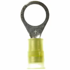 Nylon-insulated ring terminal rated for 1000V. Accepts 12 AWG to 10 AWG wire and fits a 3/8 in stud. Used for secure crimp connections in control panels, machinery, and power distribution.