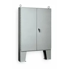 This WIEGMANN steel enclosure measures 60 x 60 x 16 inches and is rated NEMA 12 for protection against dust, dirt, and non-corrosive indoor environments. It features a solid hinged cover with a padlock hasp closure; knockouts are not included. Typical applications include housing electrical controls and instruments in manufacturing plants, machine shops, and processing facilities.