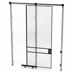 This woven-wire slide door is a component for quick-assemble partition systems. It measures 10 ft high by 4 ft wide by 1 3/4 in deep and is constructed of powder-coated steel in black. Used as a sliding door within partition enclosures to secure storage areas while allowing visibility and airflow.
