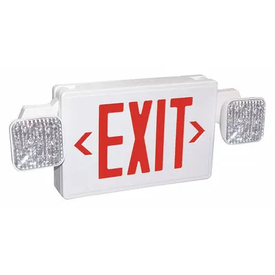OEM Exit Sign with Emergency Lights: White, 2 Faces, Red, LED, Ceiling/Wall - Plastic Exit Signs with Square Side-Mount Light Heads