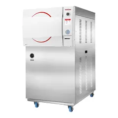 This 230V general purpose autoclave from HEIDOLPH reaches a maximum temperature of 140°C with a temperature accuracy of -1°C/3°C. It measures 34 1/4 in wide by 46 1/4 in deep. An optional biohazard filter prevents contaminated air from exhausting into the lab, making it suitable for sterilizing equipment, media, and waste in laboratory settings.
