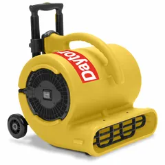 Portable centrifugal blower with 1/2 hp motor, 115V AC, two speeds, and polyethylene housing. Fixed steel frame in yellow. GFCI protected. Suitable for ventilation, cooling, fume extraction, drying, and general air movement in workshops, warehouses, and construction sites.