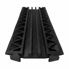 This 3-channel drop-over cable ramp is made of black rubber and features a T-shaped connection style. It provides a protective pathway for cables and hoses across roadways or walkways, reducing trip hazards and cable damage in industrial, event, and construction environments.