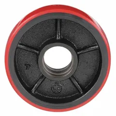 This steering wheel is a replacement part for Dayton pallet trucks. It provides directional control in material handling applications. The wheel is red and designed for use in warehouses and industrial environments.